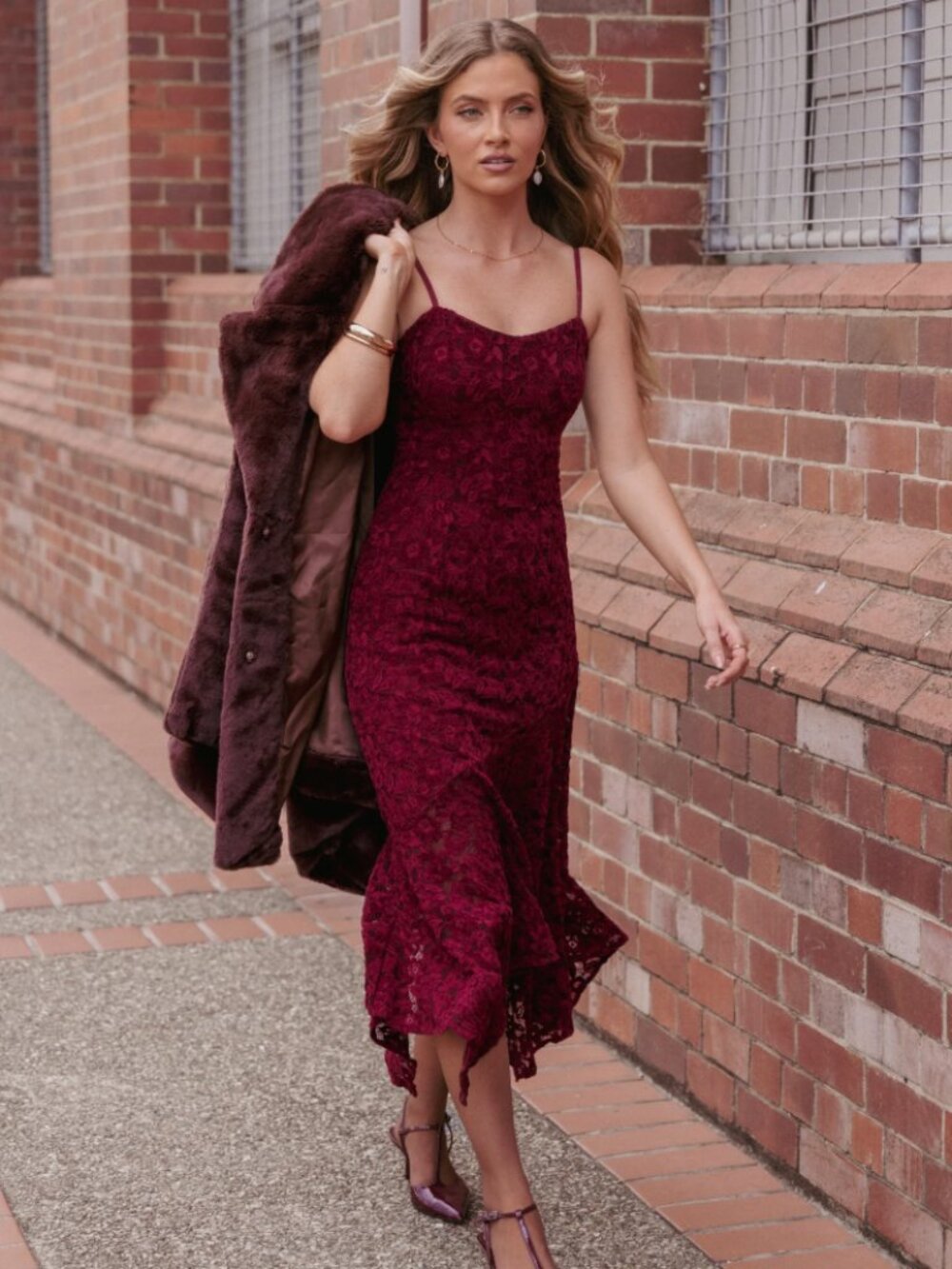 Petal & Pup Lorde Midi Dress Burgundy Lace - Size L - Wedding Guest